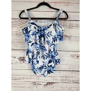 Island Waves Swim Top L Womens White Blue Floral Padded Pullover Swimwear